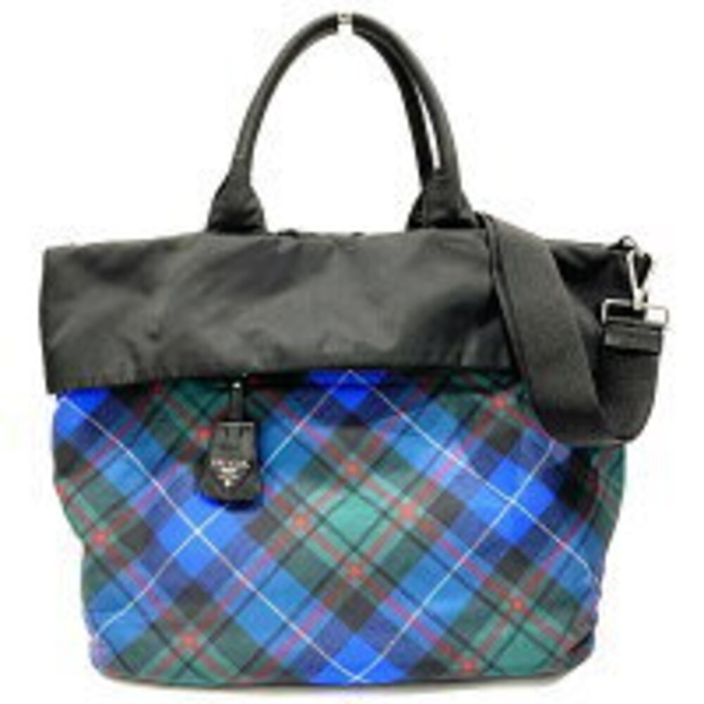 Prada handbag Black Blue Leather Reversible Check Shoulder Bag